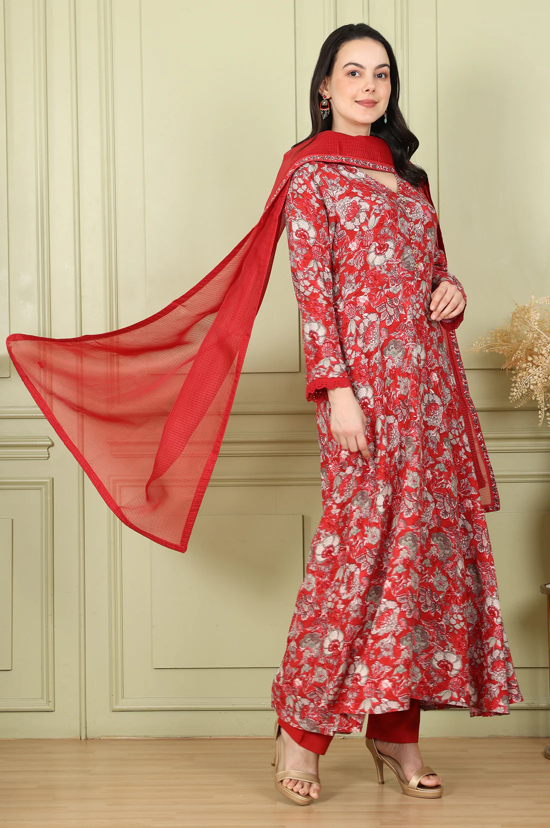 Red Floral Printed Flared Anarkali Kurta